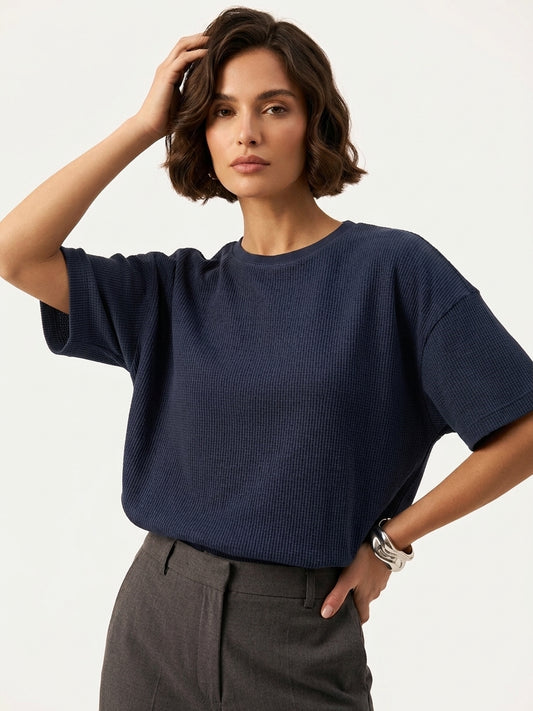 Premium Oversized Waffle Knitted Tee - NavyBlue