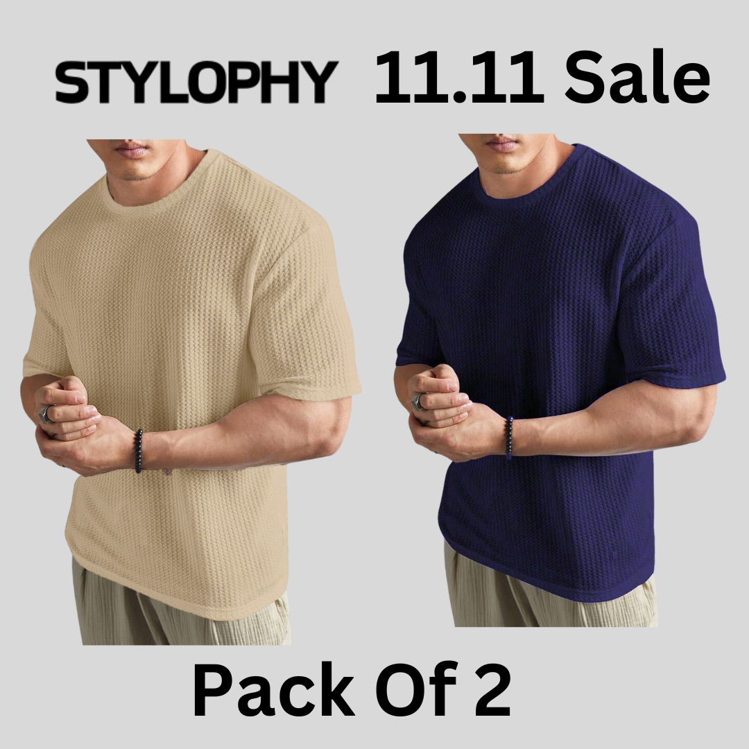 STYLOPHY - Men's Waffle Knit Drop shoulder Tee - Po2 - Beige & Navy blue