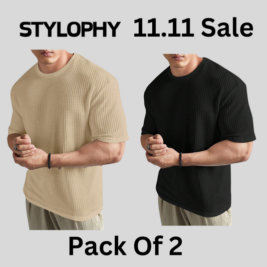 STYLOPHY - Men's Waffle Knit Drop shoulder Tee - Po2 - Beige & Black