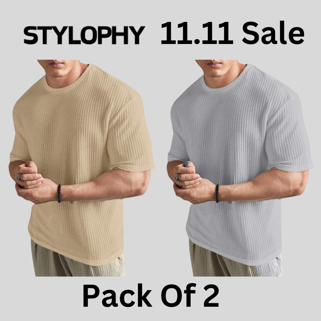 STYLOPHY - Men's Waffle Knit Drop shoulder Tee - Po2 - Beige & Grey