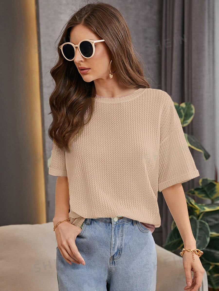 STYLOPHY - Premium Oversized Waffle Knitted Tee - Beige