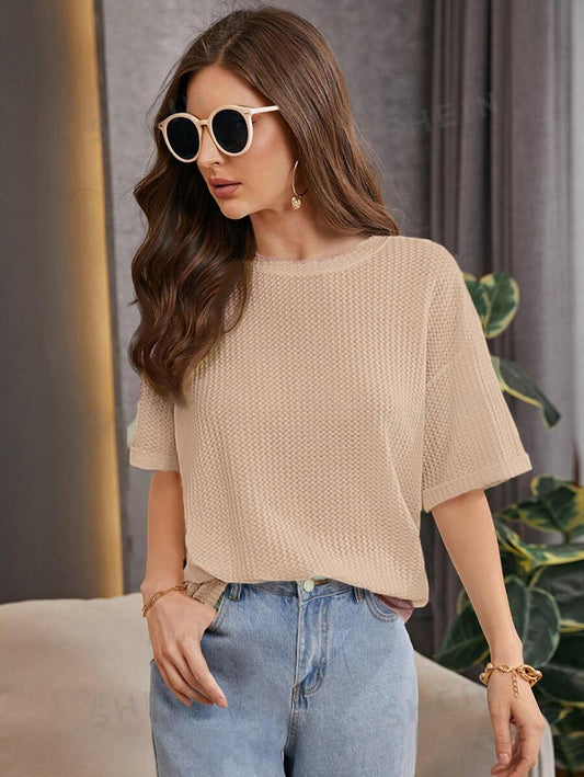 STYLOPHY - Premium Oversized Waffle Knitted Tee - Beige