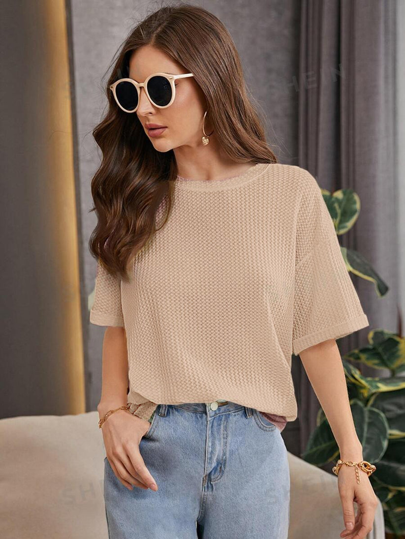 STYLOPHY - INDEPENDENCE DAY SALE - Premium Oversized Waffle Knitted Tee - Beige