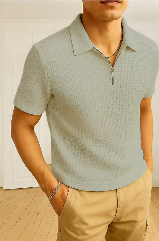 stylophy - Waffle Knitted Zipper Polo - Grey