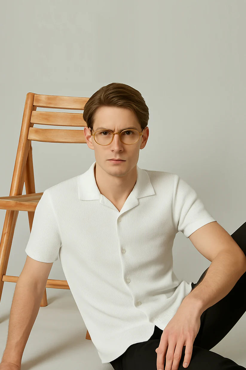 STYLOPHY - Cuban Collar Waffle Knitted Shirt - White