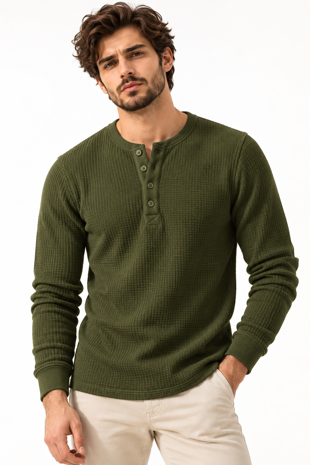 Waffle Knitted Henley Tee - Olive