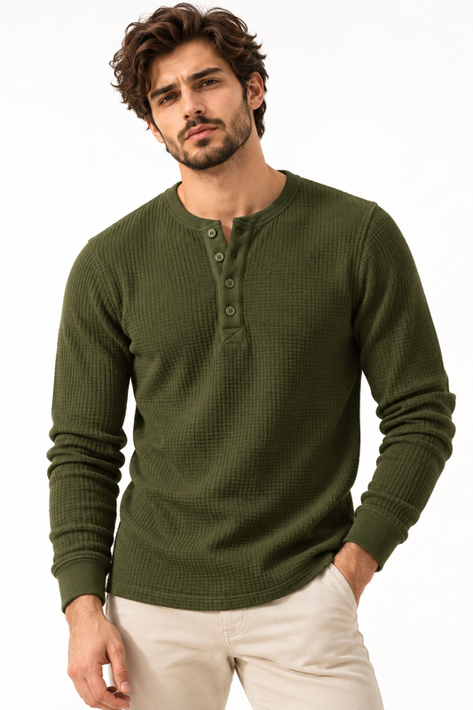 Waffle Knitted Henley Tee - Olive