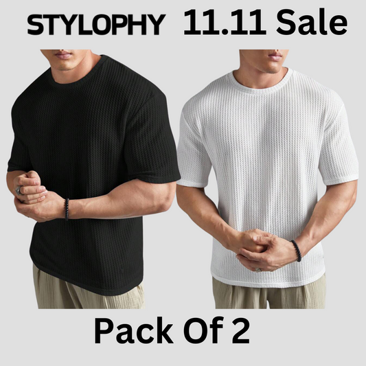 STYLOPHY - Men's Waffle Knit Drop shoulder Tee - Po2 -Black & White