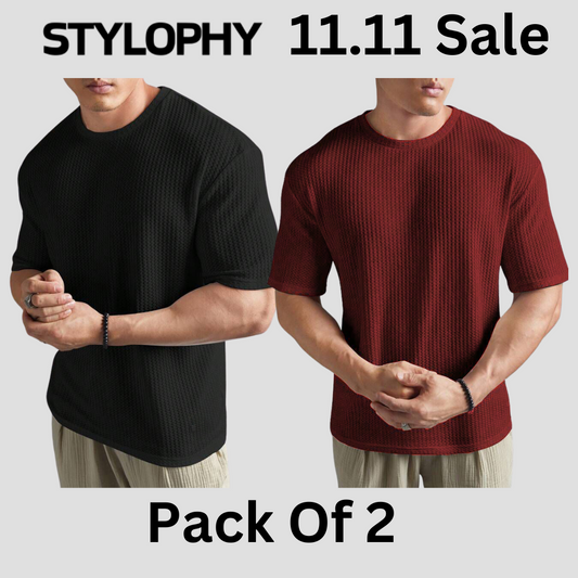 STYLOPHY - Men's Waffle Knit Drop shoulder Tee - Po2 - Black & Maroon