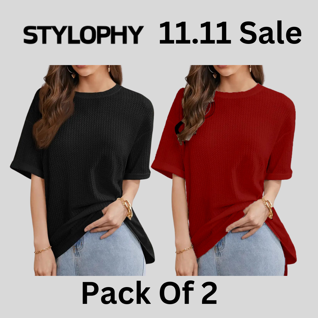 STYLOPHY - Waffle Knit Oversized Tee - Po2 - Black & Maroon