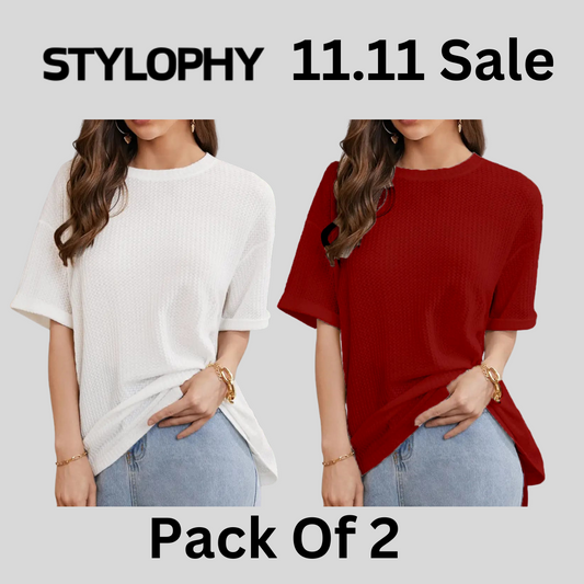 STYLOPHY  - Waffle Knit Oversized Tee - Po2 - White & Maroon