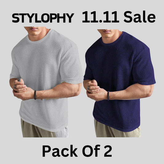 STYLOPHY  - Men's Waffle Knit Drop shoulder Tee - Po2 - Grey & Navy Blue