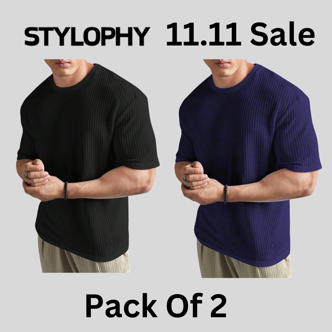 STYLOPHY  - Men's Waffle Knit Drop shoulder Tee - Po2 - Black & Navy Blue