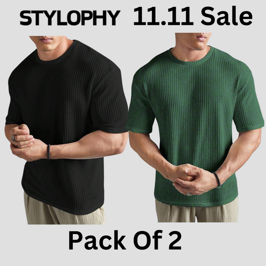 STYLOPHY - Men's Waffle Knit Drop shoulder Tee - Po2 - Black & Olive