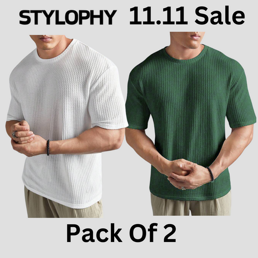 STYLOPHY  - Men's Waffle Knit Drop shoulder Tee - Po2 - White & Olive