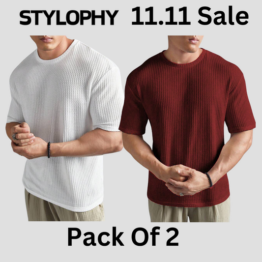 STYLOPHY - Men's Waffle Knit Drop shoulder Tee - Po2 - White & Maroon