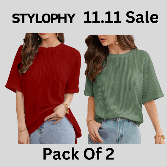 STYLOPHY - Waffle Knit Oversized Tee - Po2 - Maroon & Olive