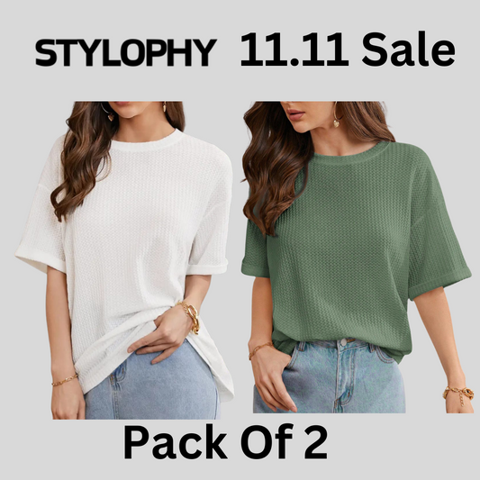 STYLOPHY - Waffle Knit Oversized Tee - Po2 - White & Olive