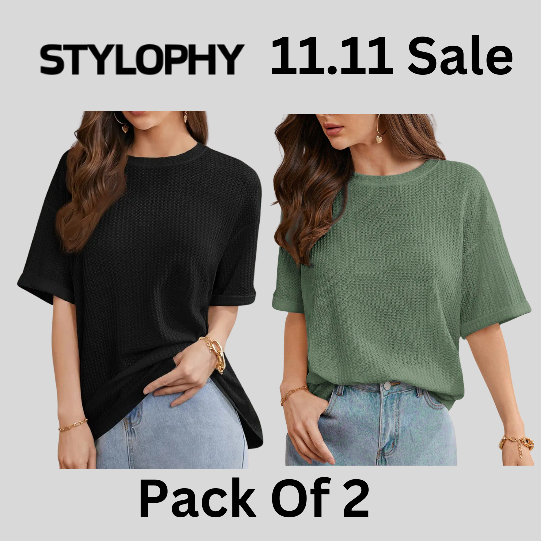 STYLOPHY - Waffle Knit Oversized Tee - Po2 - Black & Olive