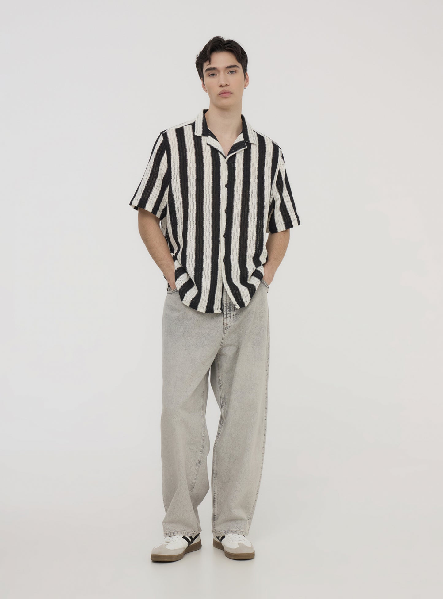 Crochet Knitted Cuban Shirt Black & White Panel