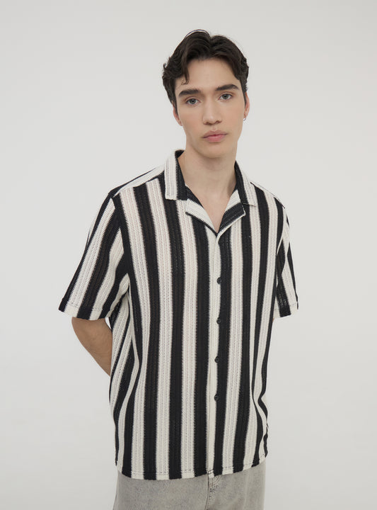 Crochet Knitted Cuban Shirt Black & White Panel