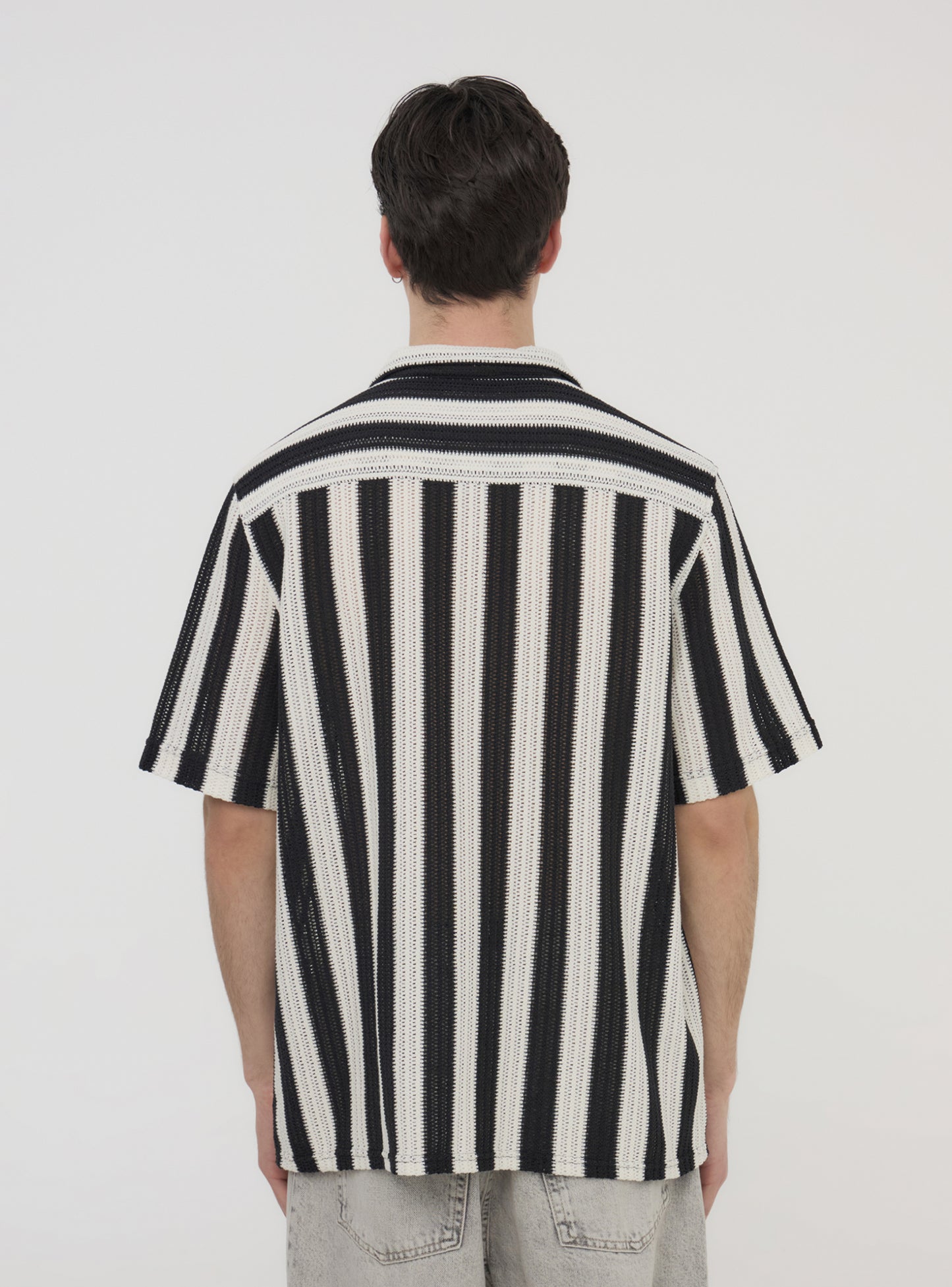 Crochet Knitted Cuban Shirt Black & White Panel