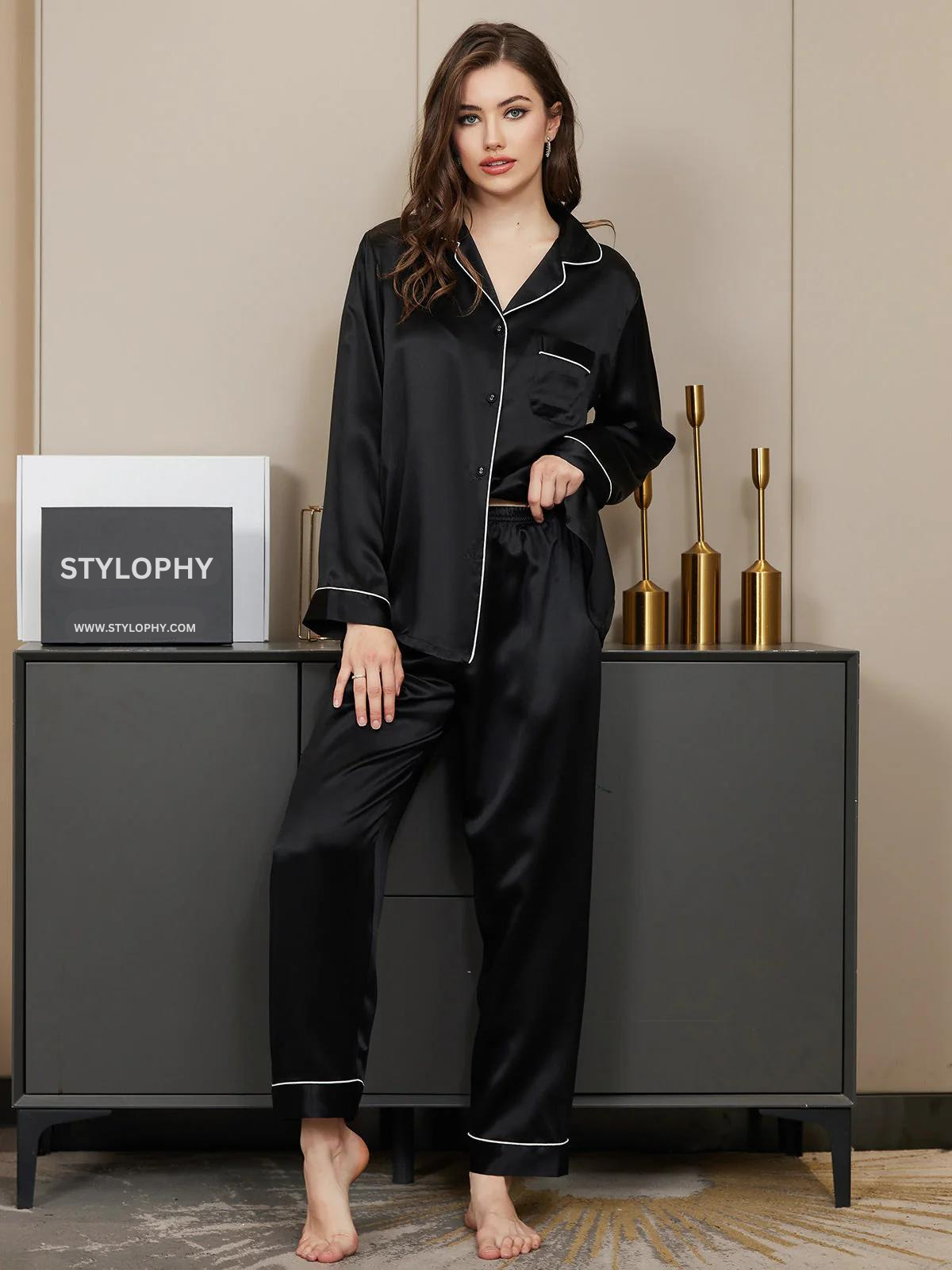 Silk Night Suit For Women - BLACK