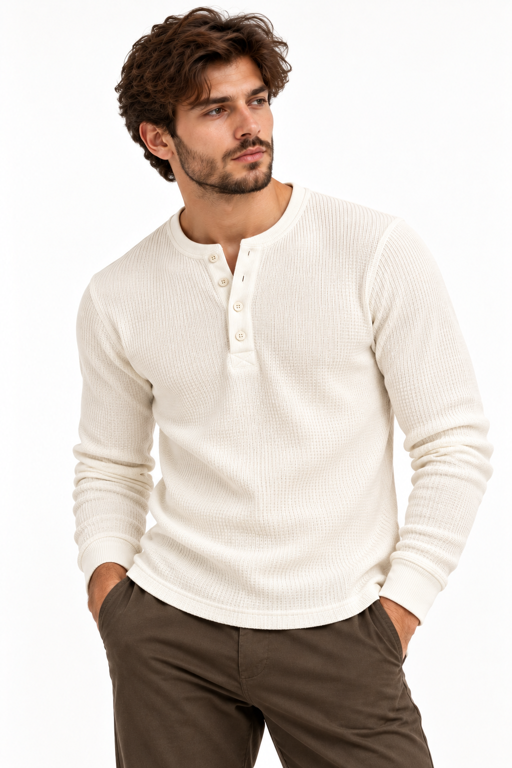 Waffle Knitted Henley Tee - White