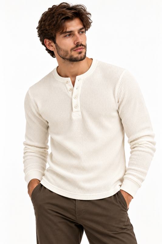 Waffle Knitted Henley Tee - White