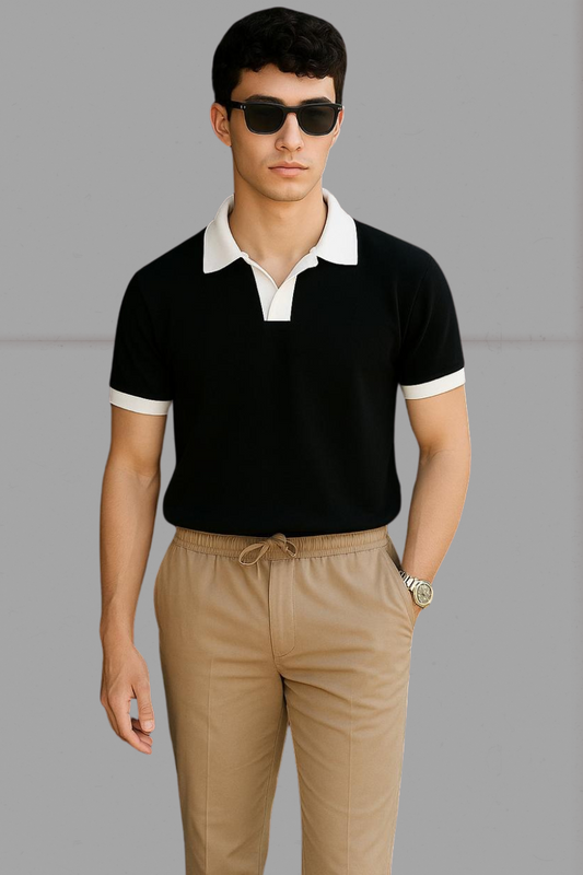 Stylophy - Premium Polo With White Collar & White Rib - Black
