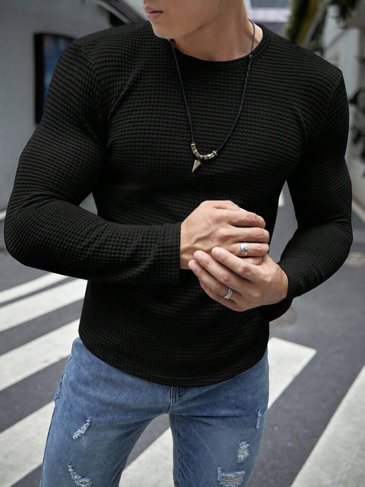 STYLOPHY - Premium Full Sleeves Waffle Knit Tee For Men - Black