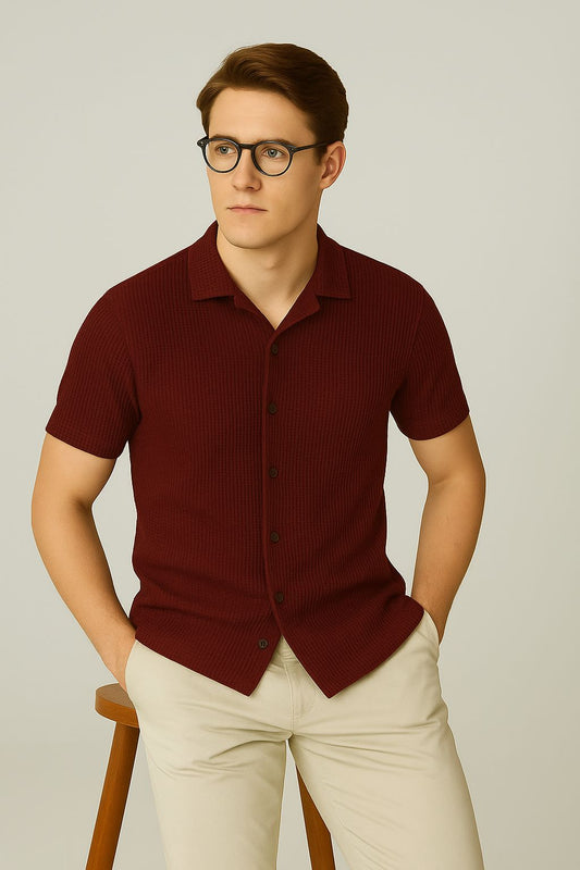 STYLOPHY - Cuban Collar Waffle Knitted Shirt - Maroon