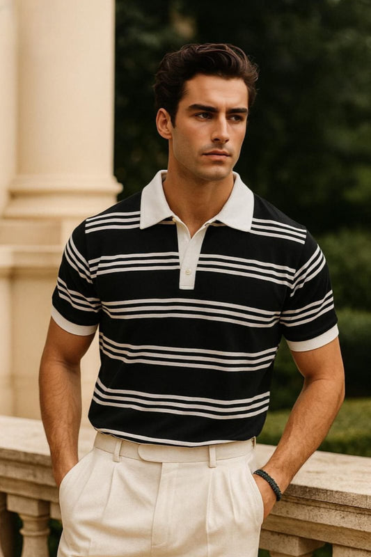 Panel Polo With White Collar & Rib - Black