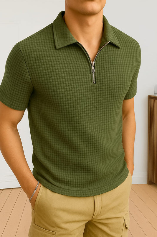 stylophy - Waffle Knitted Zipper Polo - OliveGreen