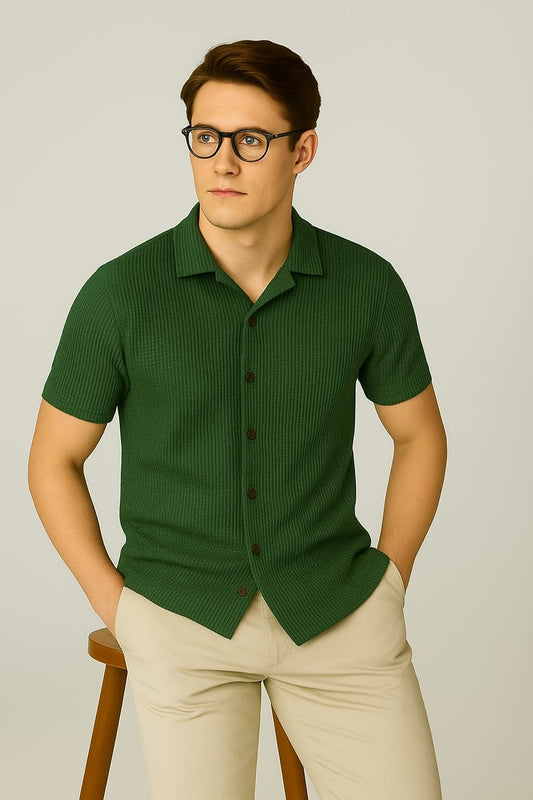 STYLOPHY - Cuban Collar Waffle Knitted Shirt - Bottle Green