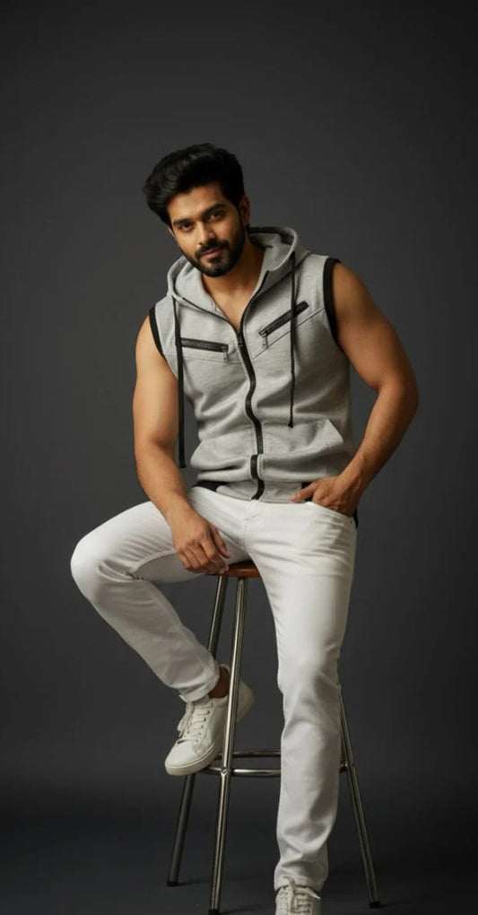 Men's Sleeveless Hooded Zipper - Grey