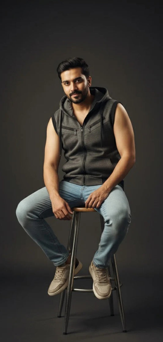 Men's Sleeveless Hooded Zipper - Charcoal