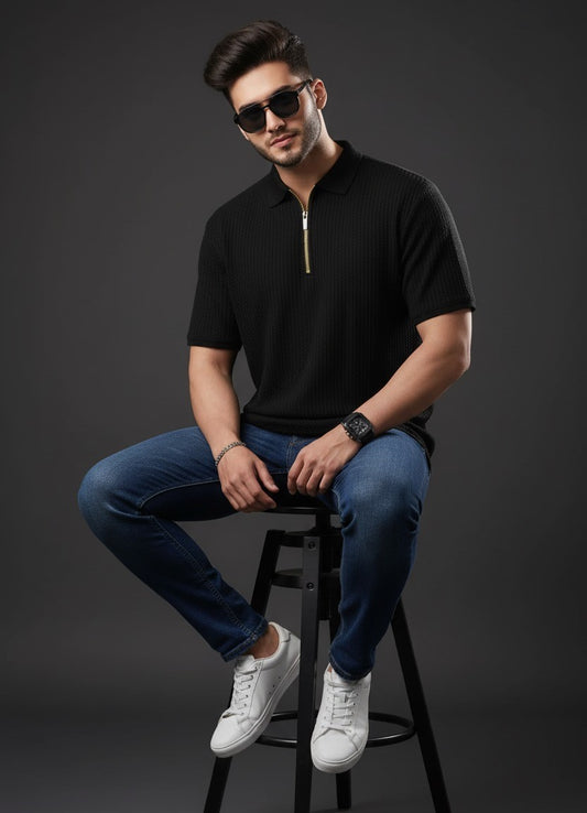 stylophy - Waffle Knitted Zipper Polo - Black