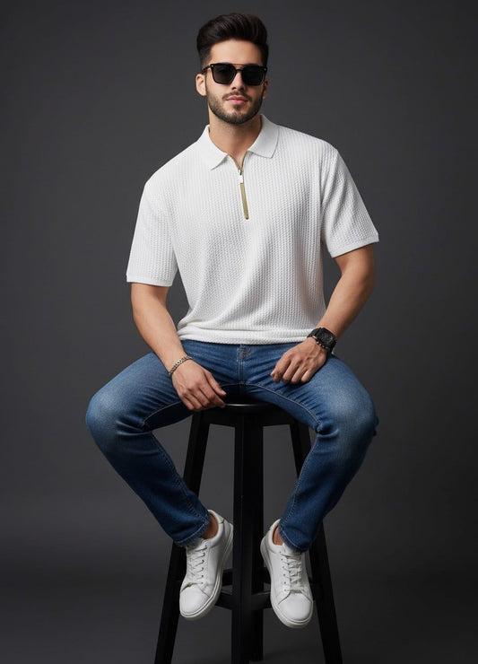 stylophy - Waffle Knitted Zipper Polo - White