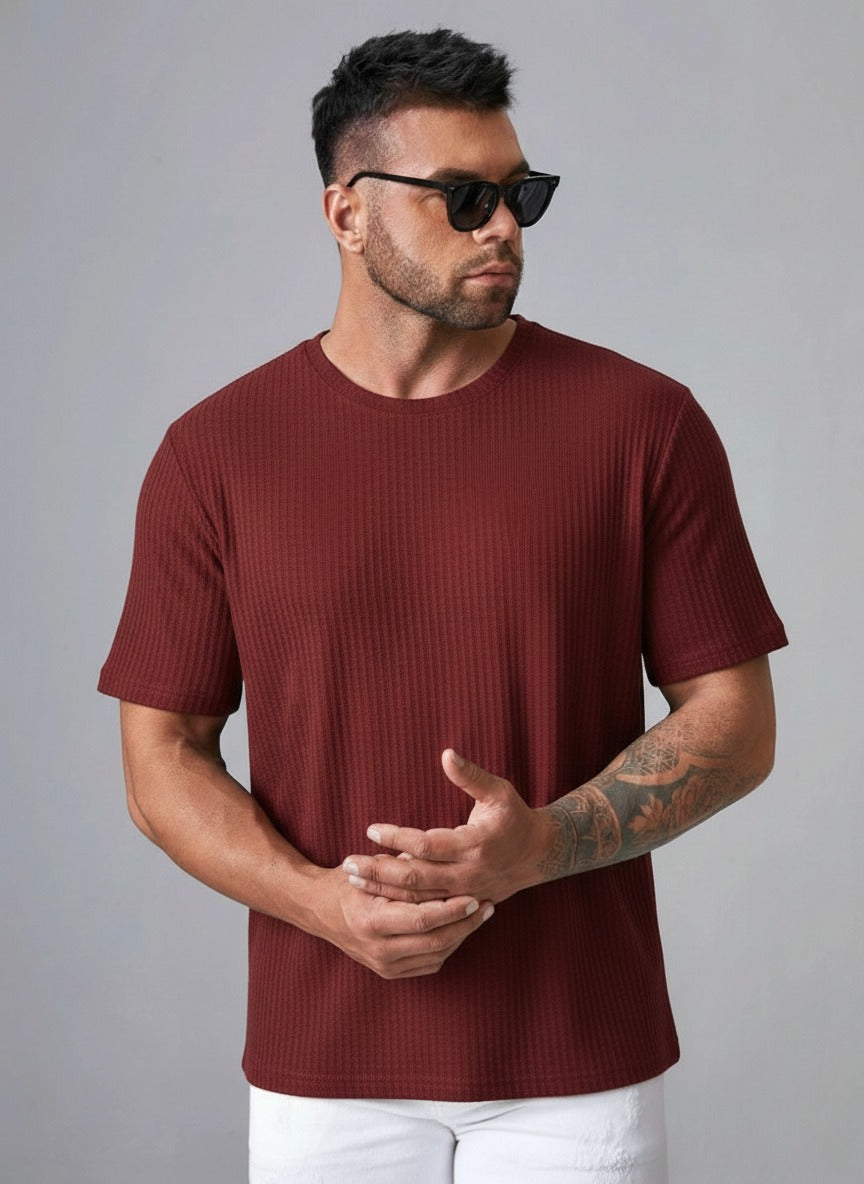 STYLOPHY - Oversized Waffle Knit Tee For Men - Maroon
