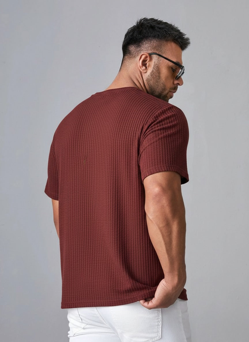 STYLOPHY - Oversized Waffle Knit Tee For Men - Maroon