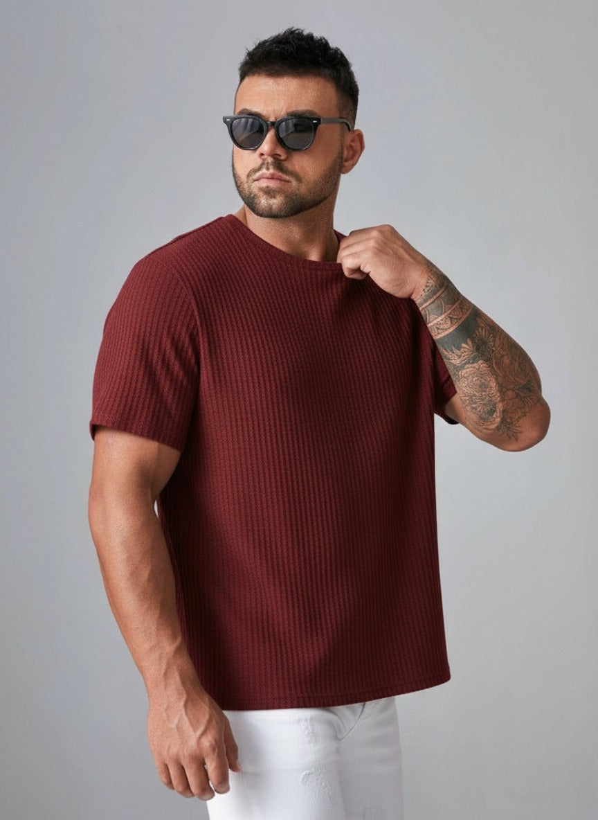 STYLOPHY - Oversized Waffle Knit Tee For Men - Maroon