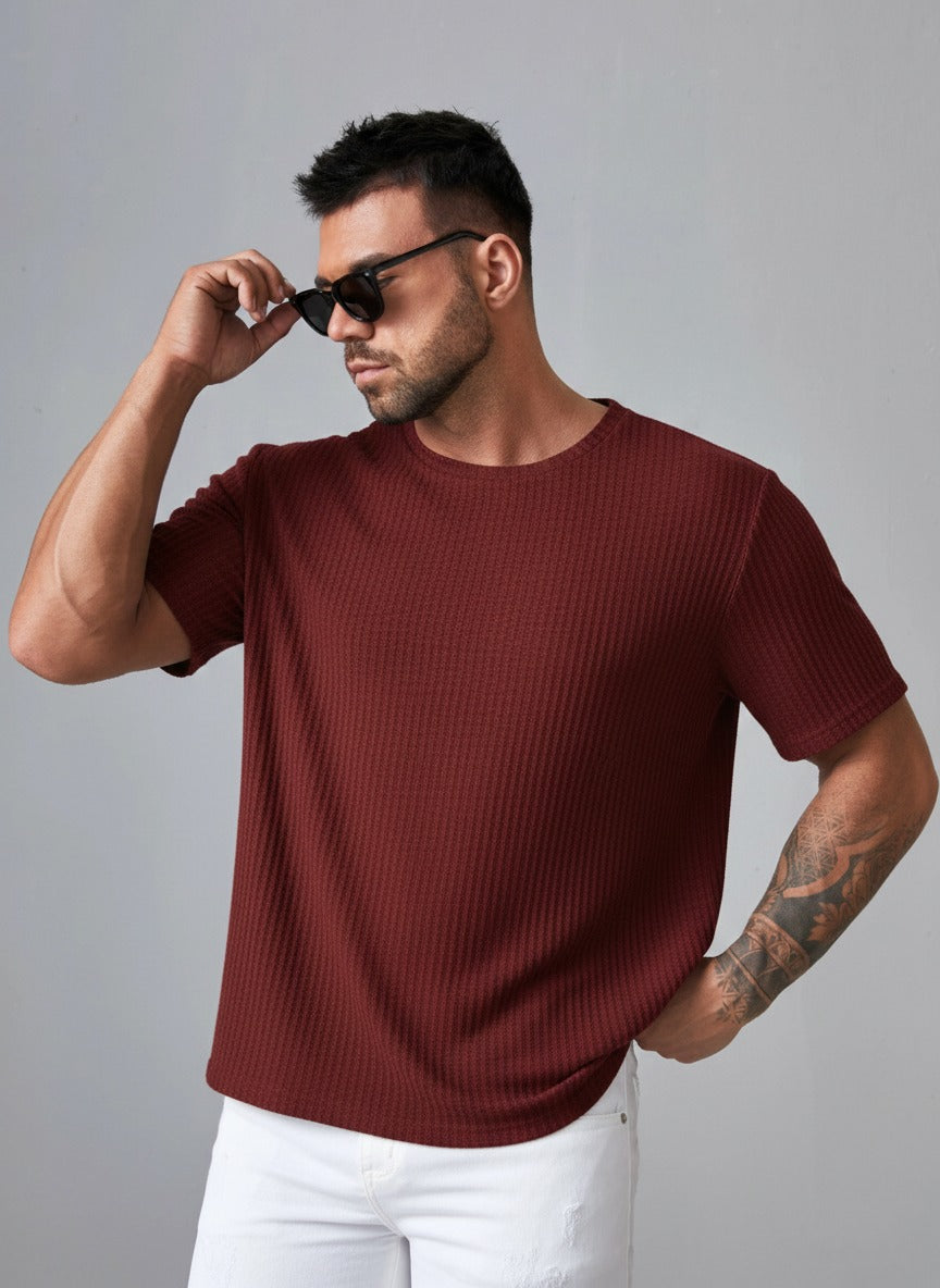 STYLOPHY - Oversized Waffle Knit Tee For Men - Maroon