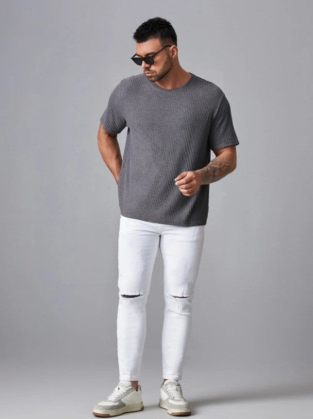 STYLOPHY - Oversized Waffle Knit Tee For Men - Charcoal