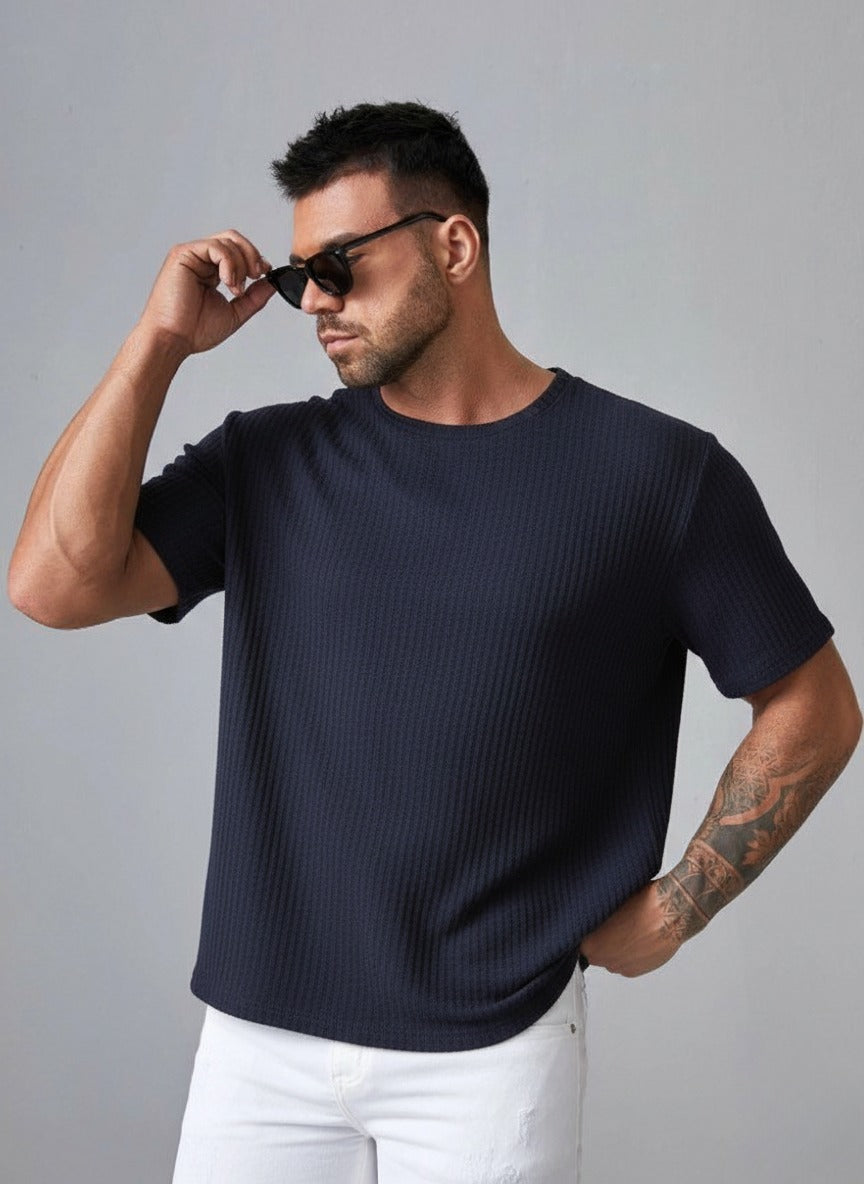 STYLOPHY - Oversized Waffle Knit Tee For Men - Navy Blue