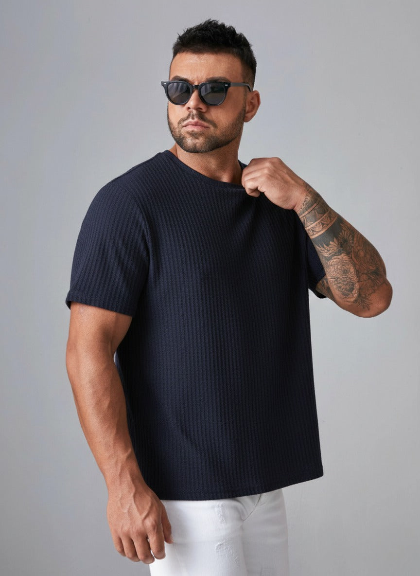 STYLOPHY - Oversized Waffle Knit Tee For Men - Navy Blue