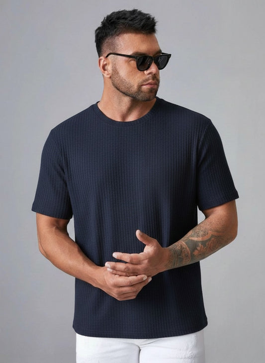 STYLOPHY - Oversized Waffle Knit Tee For Men - Navy Blue