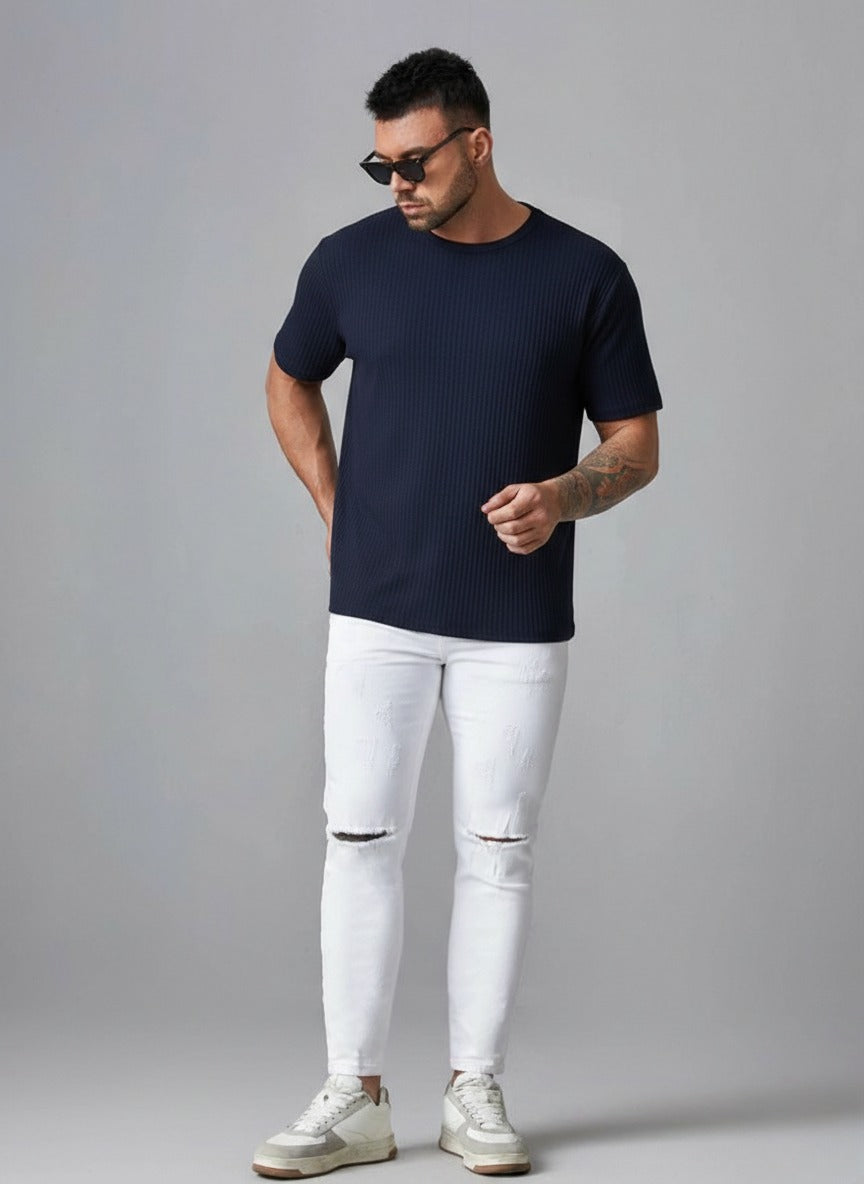 STYLOPHY - Oversized Waffle Knit Tee For Men - Navy Blue