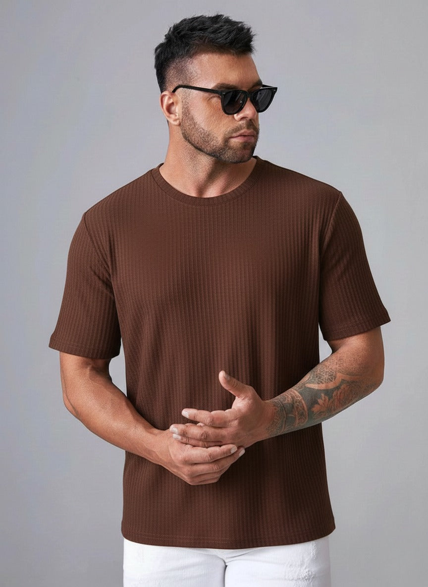 STYLOPHY - Oversized Waffle Knit Tee For Men - Brown