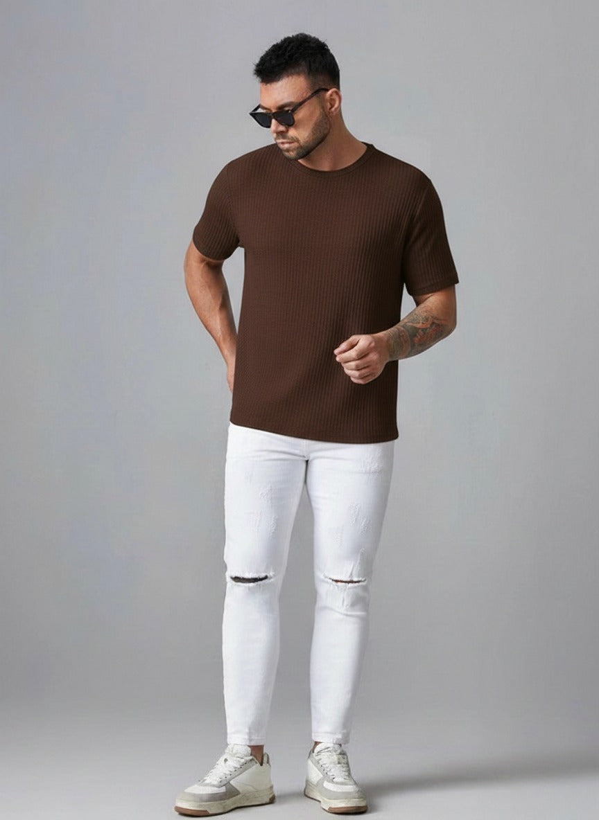 STYLOPHY - Oversized Waffle Knit Tee For Men - Brown